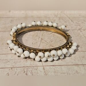 Elegant Goldtone and White Beaded Vintage Clamp Bangle Bracelet